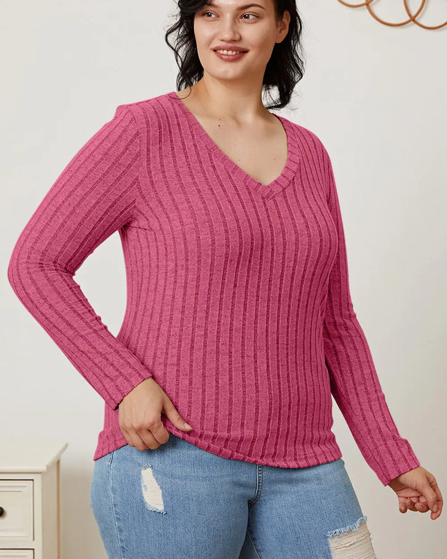 Basic Bae Full Size Ribbed V-Neck Long Sleeve T-Shirt