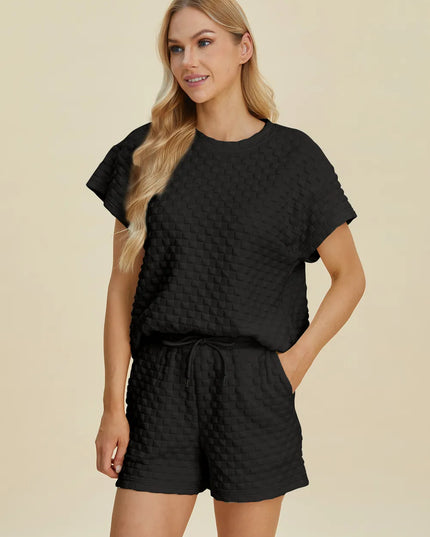 Double Take Full Size Texture T-Shirt and Shorts Set Black