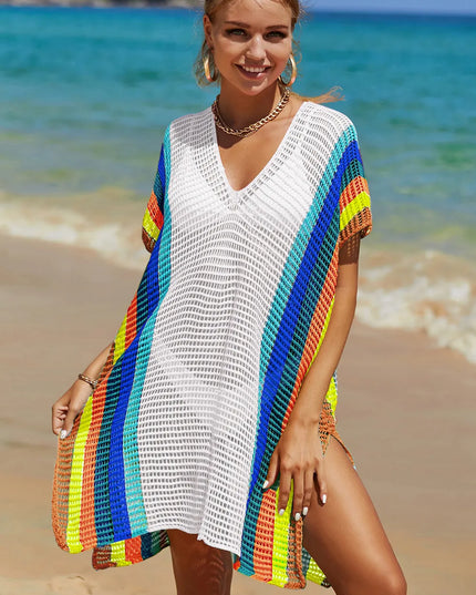Angel Wings Openwork Striped Slit Knit Cover Up