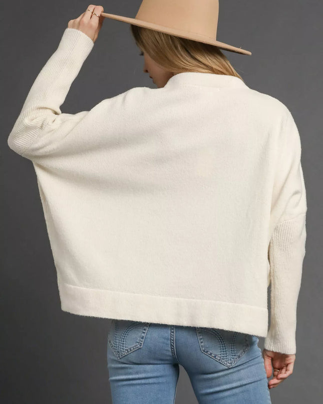 Umgee V-Neck Sweater with Wide Trim Detail