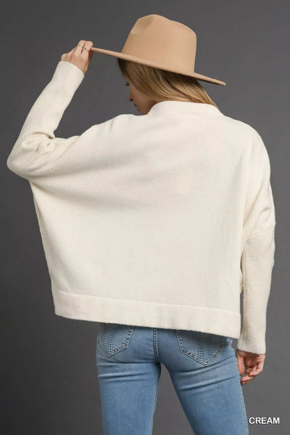 Umgee V-Neck Sweater with Wide Trim Detail