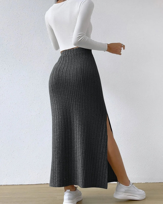 High Waist Ribbed Knit Maxi Skirt