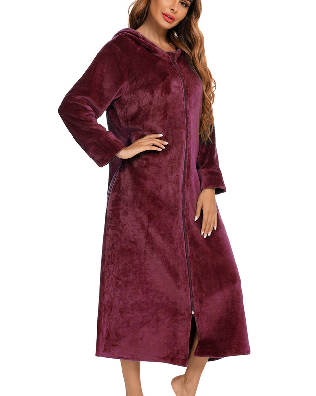 Zip Front Hooded Night Dress with Pockets