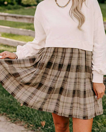 Plaid Round Neck Long Sleeve Mini Dress