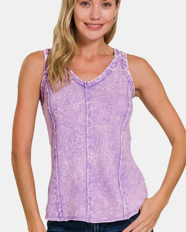 Zenana Exposed Seam V-Neck Wide Strap Tank LAVENDER