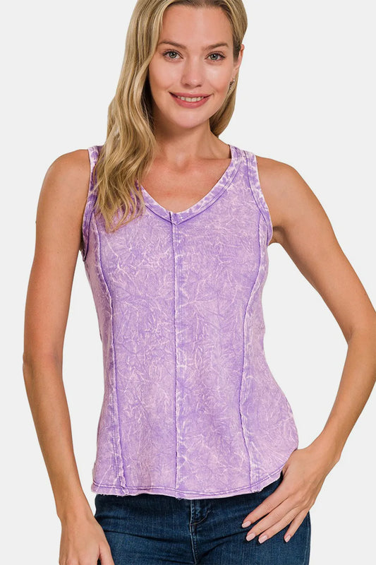 Zenana Exposed Seam V-Neck Wide Strap Tank LAVENDER
