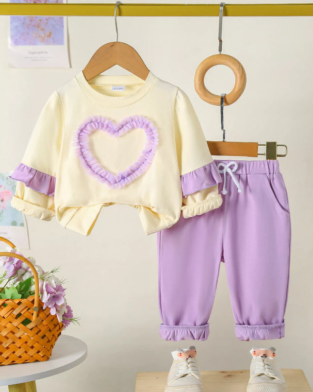 Children's Flower Long Sleeve Top and Pants Set Pink Purple