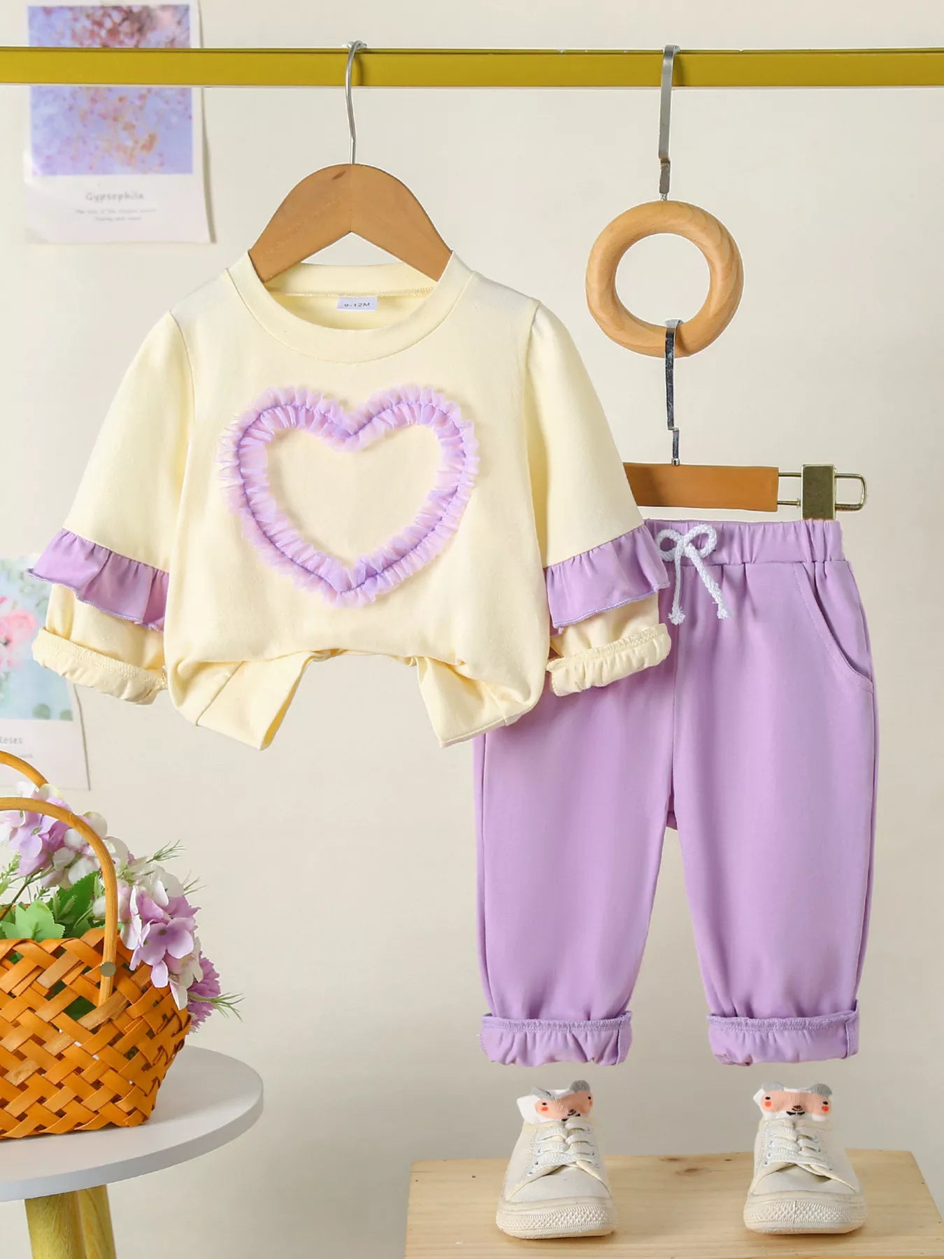 Children's Flower Long Sleeve Top and Pants Set Pink Purple