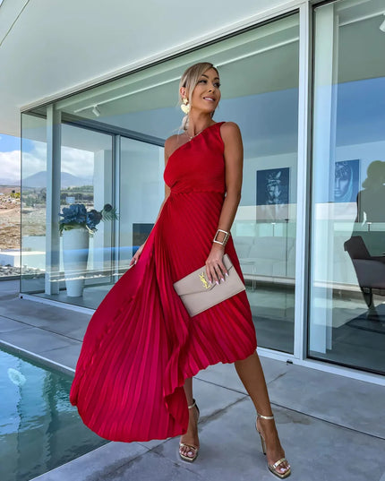 Full Size Single Shoulder Pleated Midi Dress Plus Size 