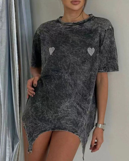 Rhinestone Heart Washed Oversized T-Shirt 