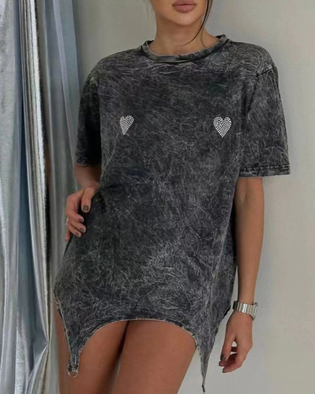 Rhinestone Heart Washed Oversized T-Shirt 
