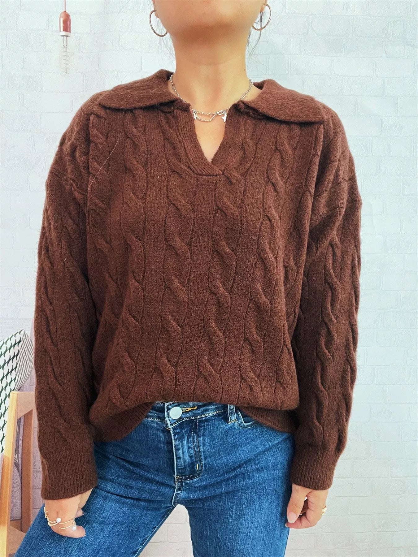 Cable Knit Johnny Collar Sweater