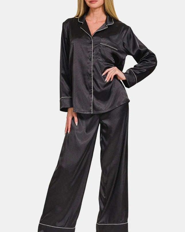 Zenana Satin Long Sleeve Shirt and Pants Pajama Set Black
