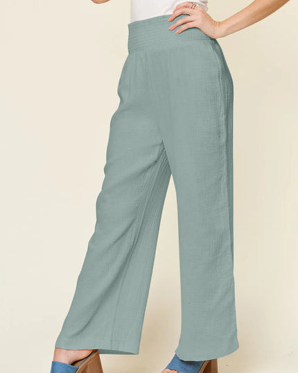 Double Take Full Size Texture Smocked Waist Wide Leg Pants