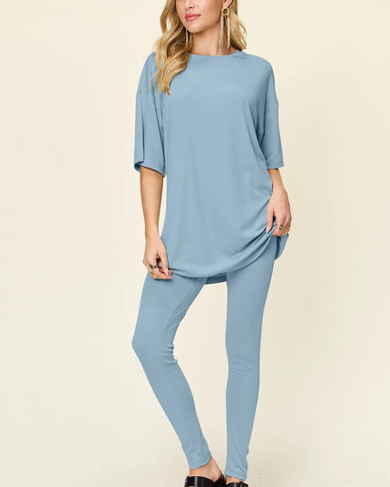 Double Take Full Size Round Neck Dropped Shoulder T-Shirt and Leggings Set Light Blue