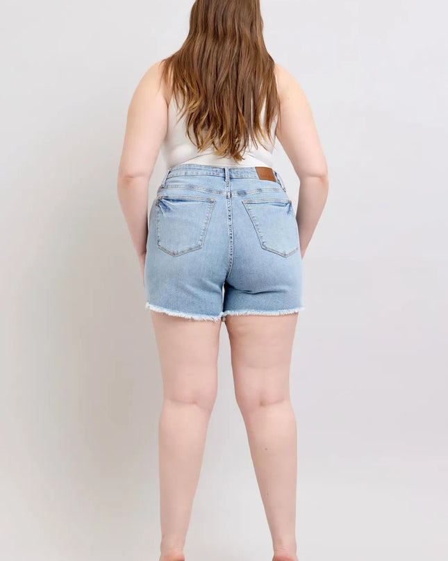 Judy Blue Full Size Tummy Control Raw Hem Denim Shorts Plus Size