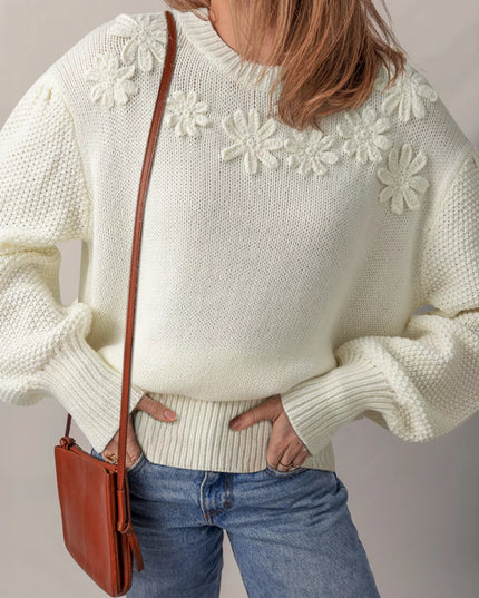 Flower Detail Round Neck Contrast Textured Puff Sleeve Sweater White