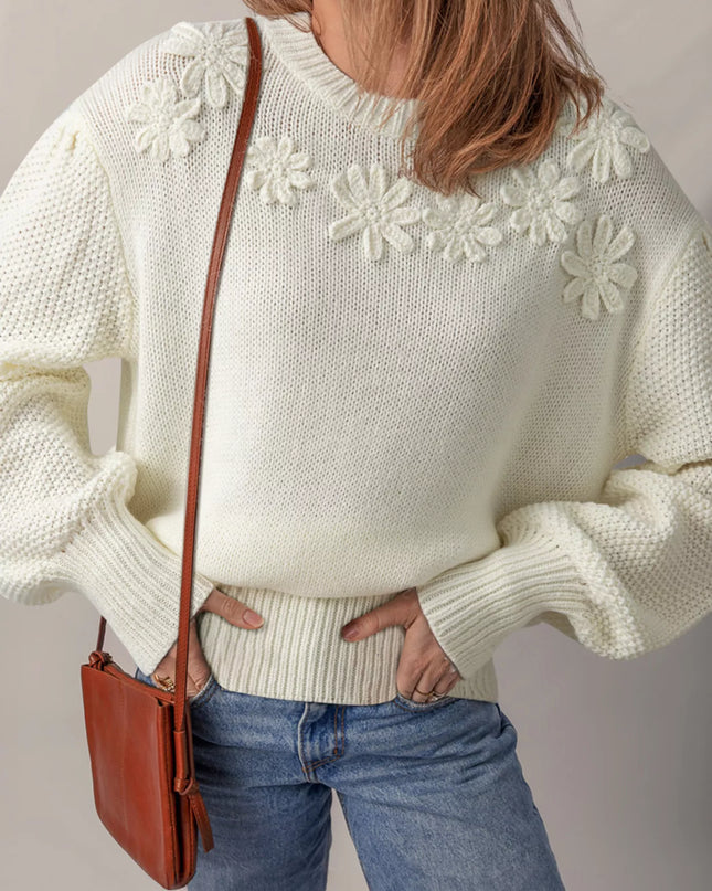Flower Detail Round Neck Contrast Textured Puff Sleeve Sweater White
