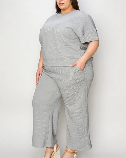 Double Take Full Size Texture Short Sleeve Top and Pants Set