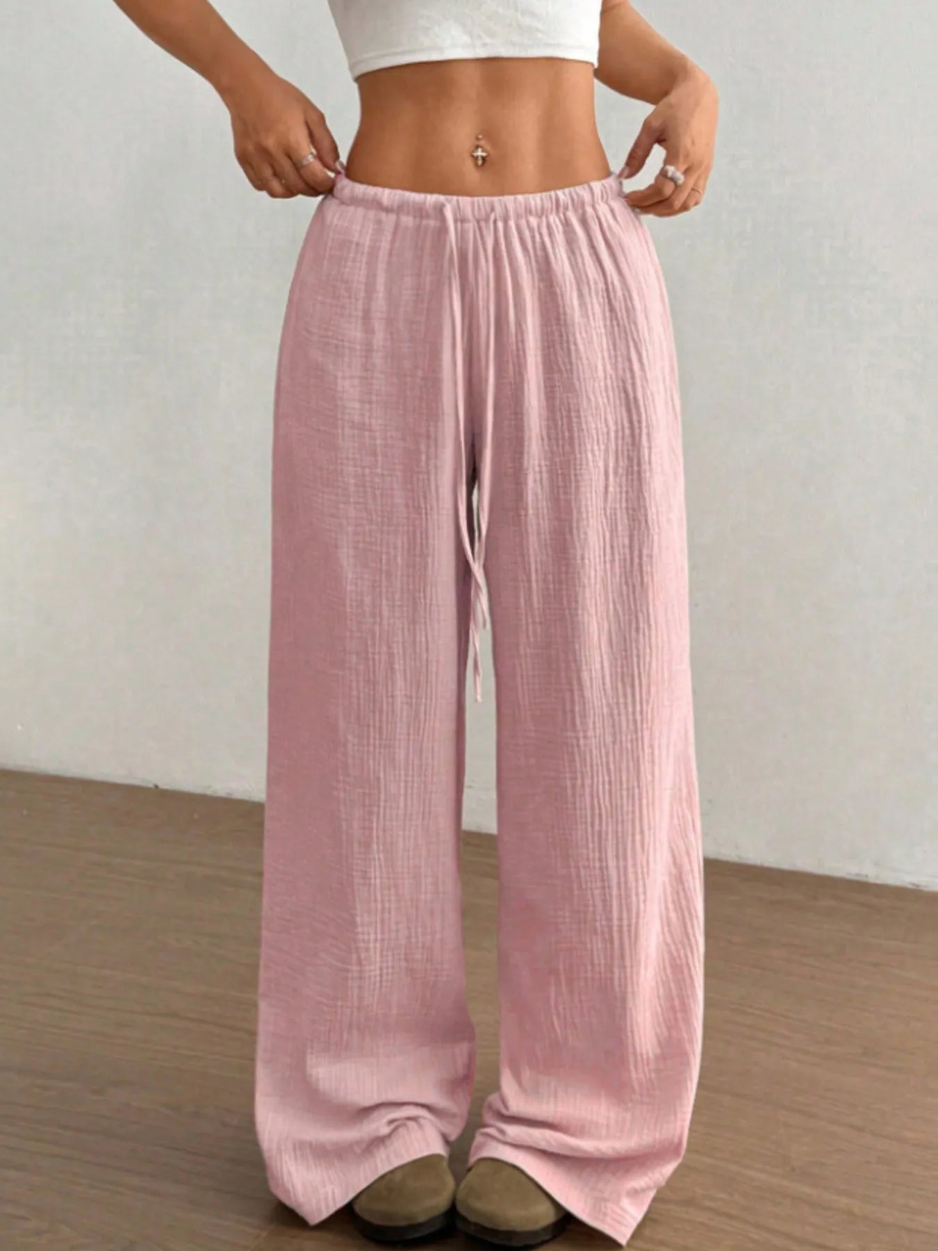 Wide Leg Drawstring Casual Pants Pink