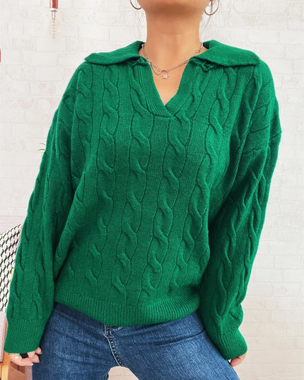 Cable Knit Johnny Collar Sweater Green One Size