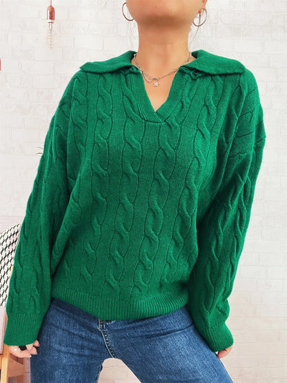 Cable Knit Johnny Collar Sweater Green One Size