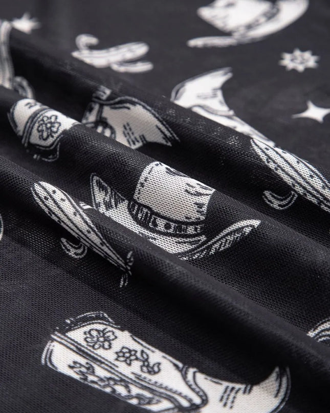 Western Pattern Mesh Sheer Crew Neck Top