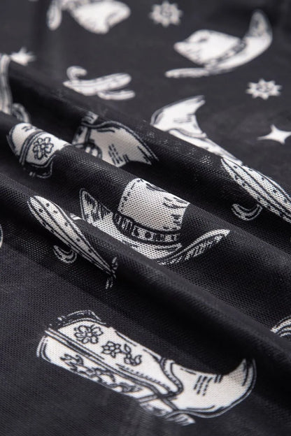 Western Pattern Mesh Sheer Crew Neck Top