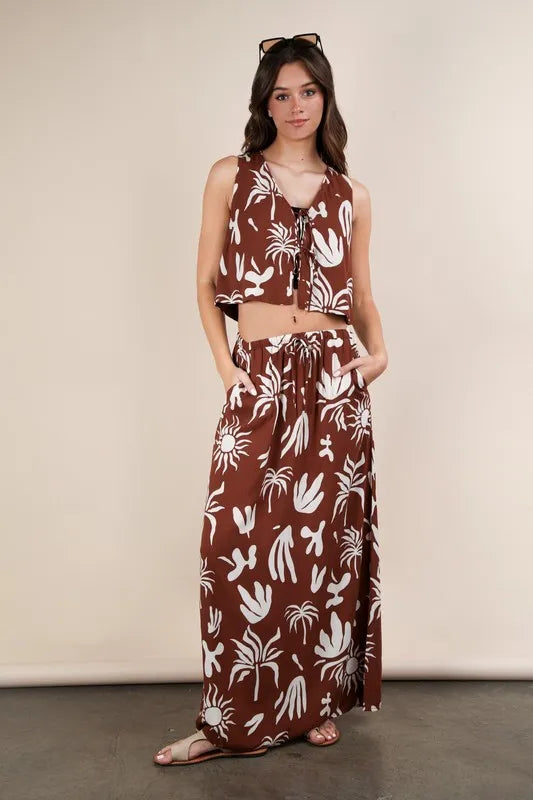 VERY J Printed Resort Midi Skirt Chocolate