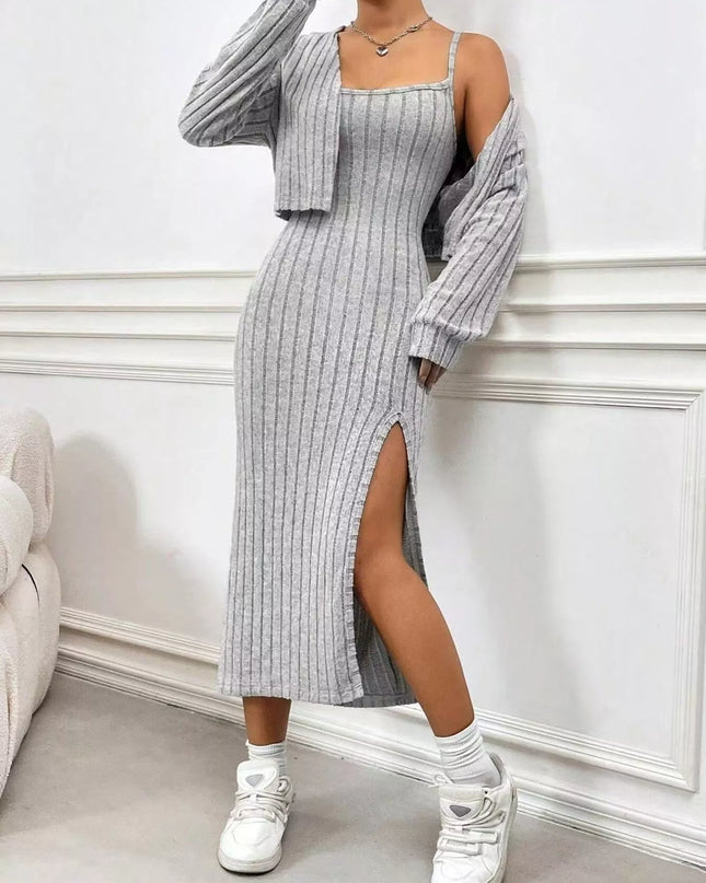 Ribbed Knit Cami Dress & Cardigan Set