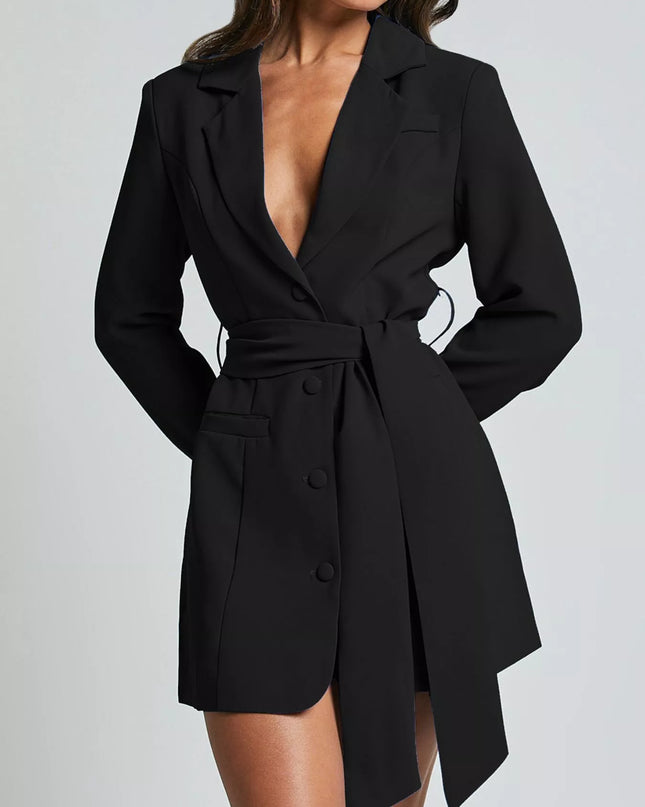 Lapel Collar Tie Waist Blazer Black