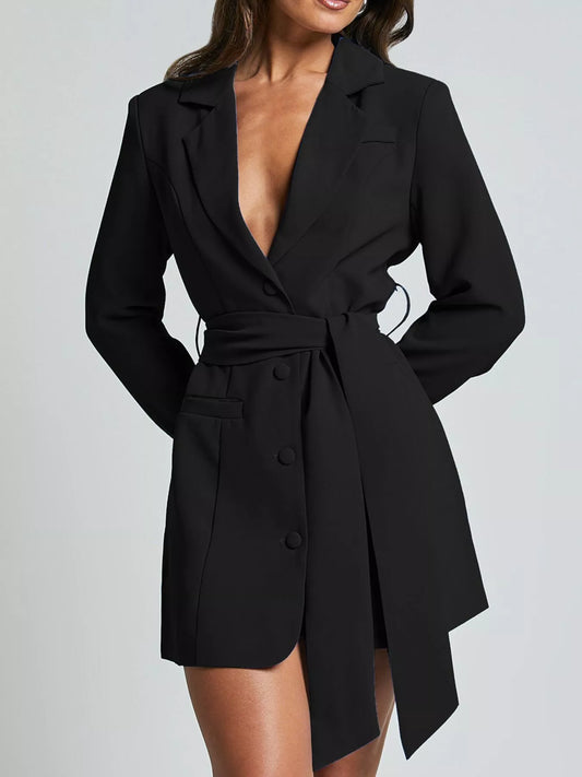 Lapel Collar Tie Waist Blazer Black
