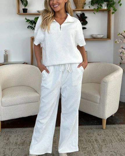 Double Take Full Size Texture Half Zip Short Sleeve Top and Pants Set