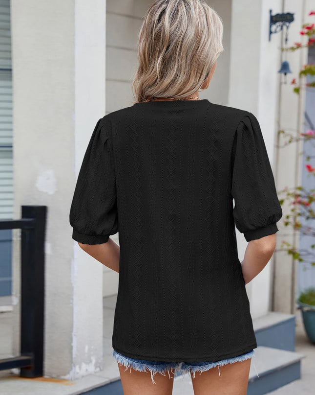 Eyelet V-Neck Puff Sleeve Casual Top 
