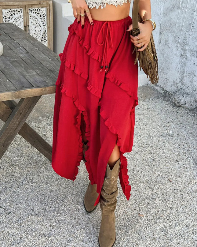 Devine Slit Drawstring Ruffled Skirt