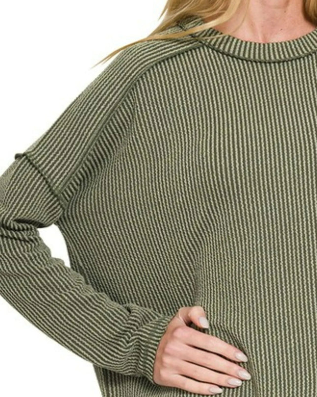 Zenana Full Size Exposed Seam Long Sleeve Corded Rib Knit Top Plus Size