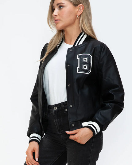 Love Me Now PU Leather Contrast Snap Down Bomber Jacket