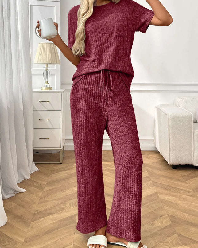 Ribbed Knit Short Sleeve Top and Pants Lounge Set