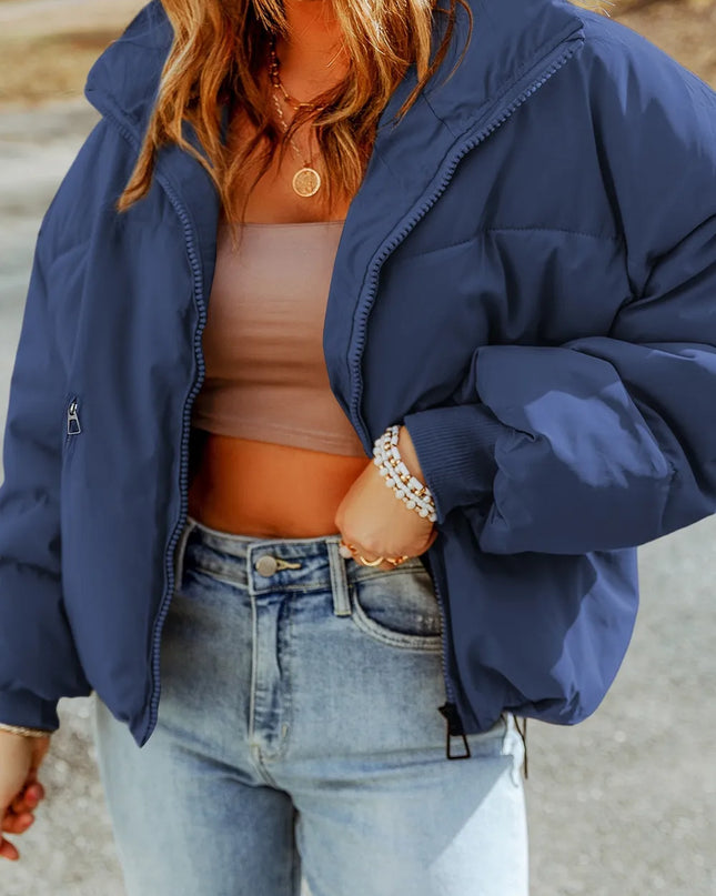 Zip Up Collared Neck Coat with Pockets