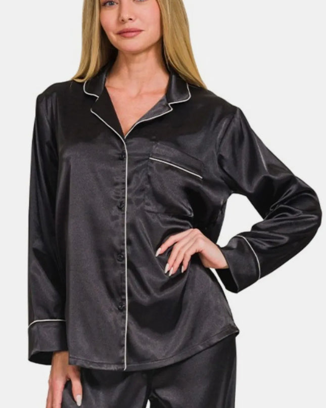 Zenana Satin Long Sleeve Shirt and Pants Pajama Set
