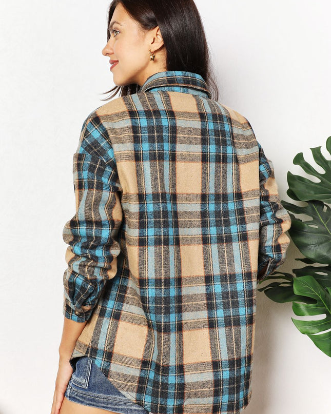 Double Take Plaid Curved Hem Shirt Jacket with Breast Pockets