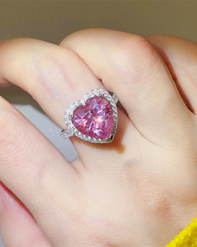 5 Carat Moissanite 925 Sterling Silver Heart Ring Fuchsia Pink