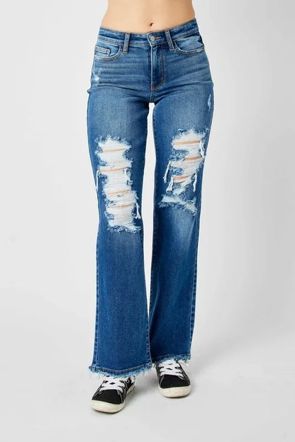 Judy Blue Full Size Mid Rise Distressed Raw Hem Jeans
