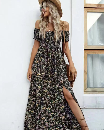Full Size Slit Off-Shoulder Floral Midi Dress Plus Size Black