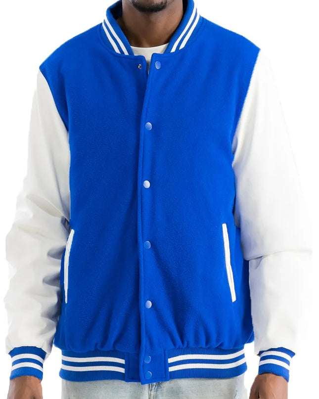 WEIV Men's Full Size Varsity Bomber Jacket with Leather Sleeves Plus Size ROYAL
