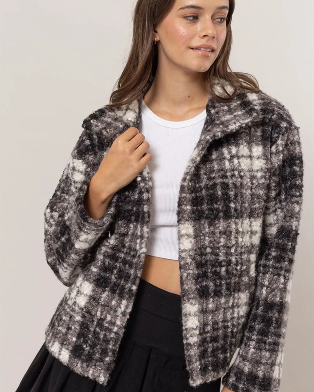 HYFVE Plaid Collared Neck Boucle Jacket with Pockets Black