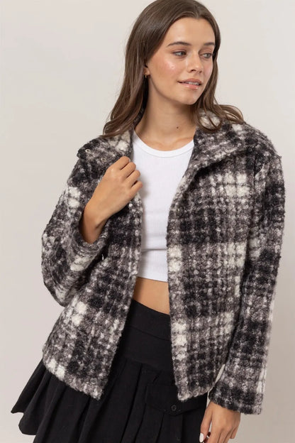 HYFVE Plaid Collared Neck Boucle Jacket with Pockets Black
