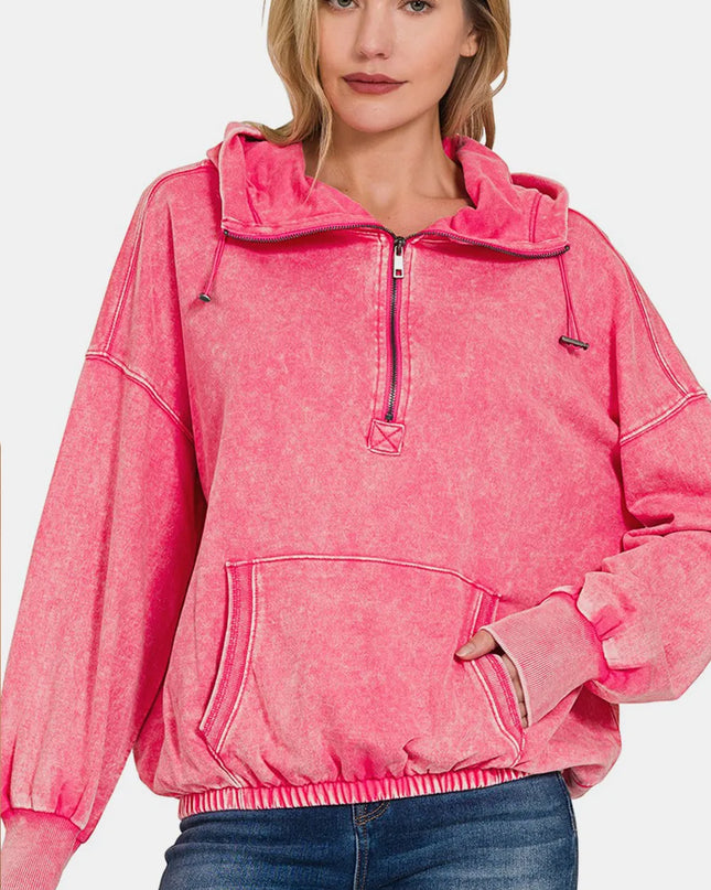 Zenana Drawstring Half Zip Dropped Shoulder Hoodie FUCHSIA