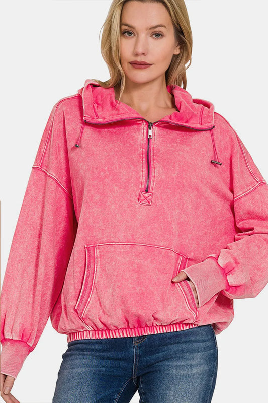 Zenana Drawstring Half Zip Dropped Shoulder Hoodie FUCHSIA
