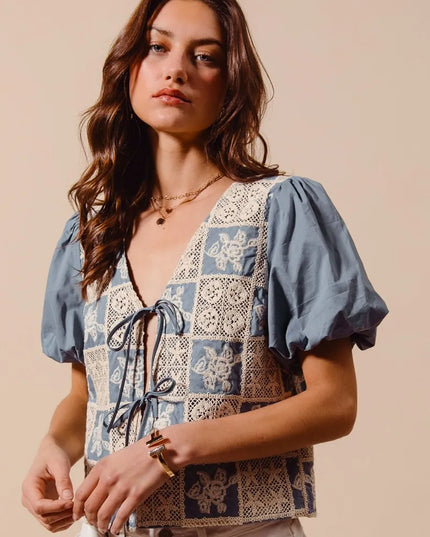 SO ME Crochet Lace Tie Front V Neck Blouse Top